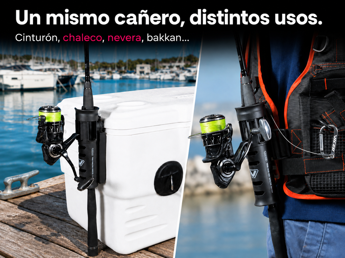 Un mismo ca?ero, distintos usos: montado en nevera y en chaleco con el Viceo Turn Lock Rod Holster VC305
