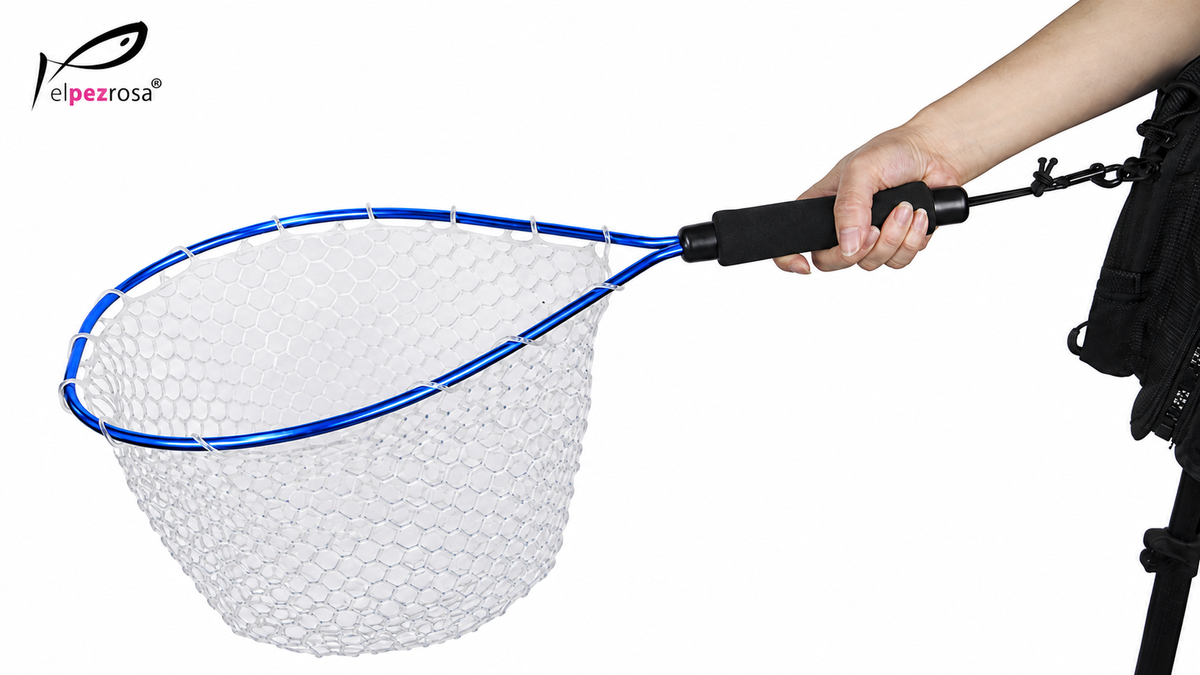 Prox Rubber Landing Net Short Grip enganchada al chaleco con su el?stico, lista para usar