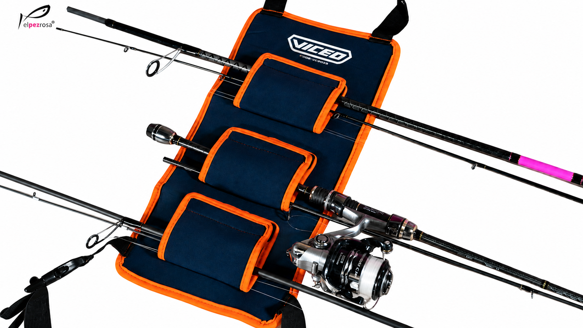 Unidad del Viceo Head Rest Rod Keeper VC2093 de neopreno azul marino con ribete naranja y tres bolsillos con velcro